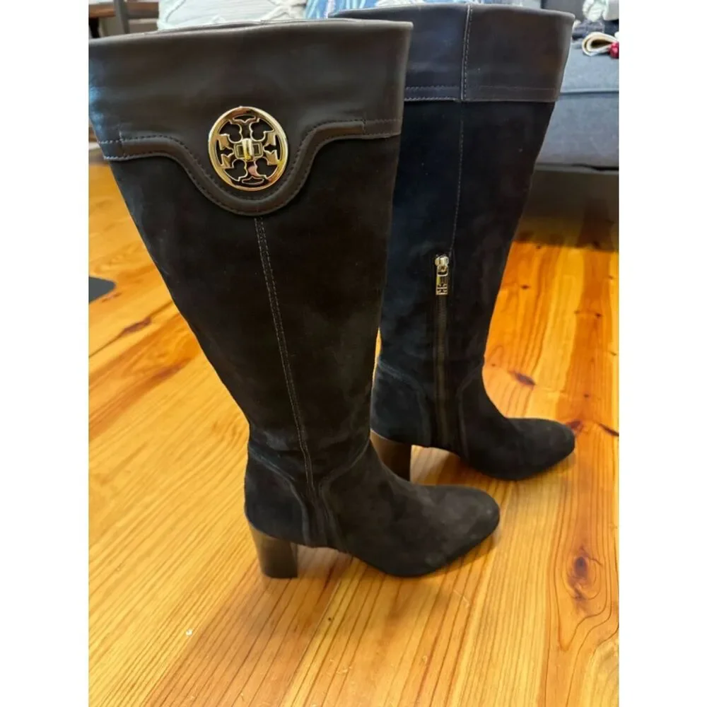 Tory Burch Selma Mid Heel Tall Riding Boots Womens SIZE 8.5M Brown Suede Leather